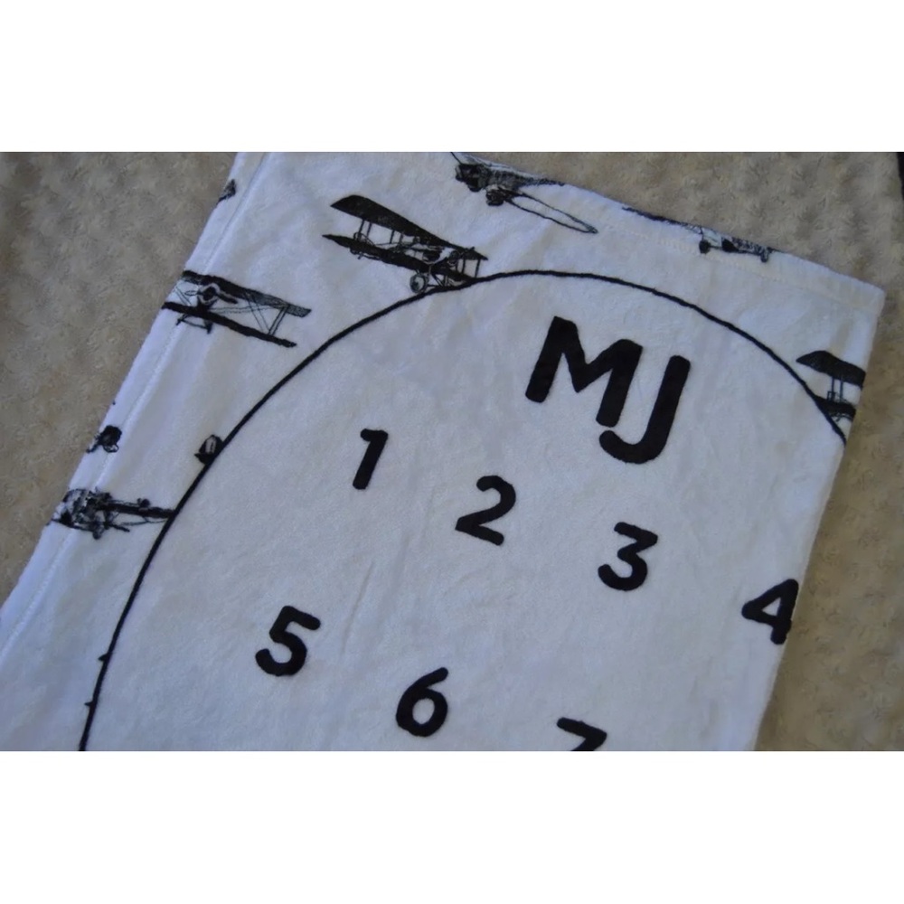 Terry Town Airplane Milestone Baby Blanket Black White Initials MJ Months